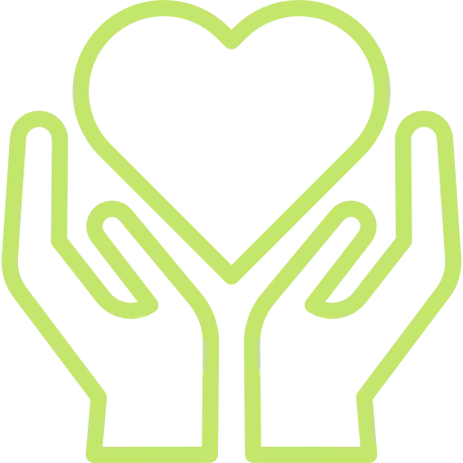Ícono verde de corazón sobre dos manos que representa seguridad y confianza